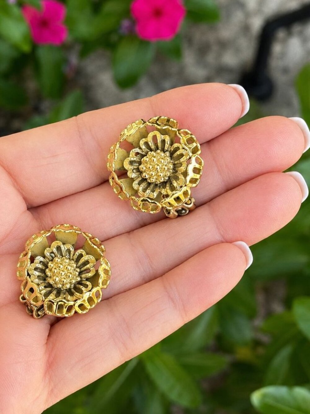 Vintage Gold Tone Floral Clip-On Earrings Openwork Flower Statement